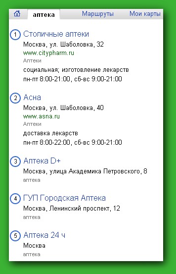 Список аптек на Яндекс.Карты
